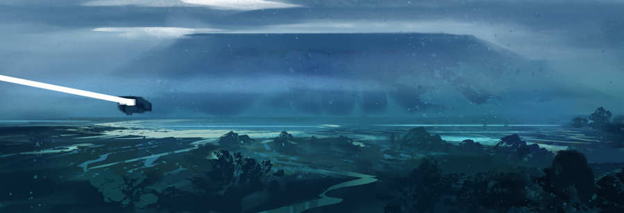 In a cloud-filled, murky atmosphere, a ship is approaching a mountain of some kind in the distance...