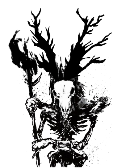 elk skull headed shadow with an axe