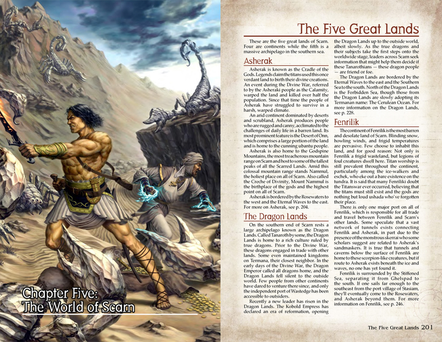 A human and an ubantu fight several giant scorpions in the desert. The text on the opposite page from that art discusses the Five Great Lands of Scarn.
