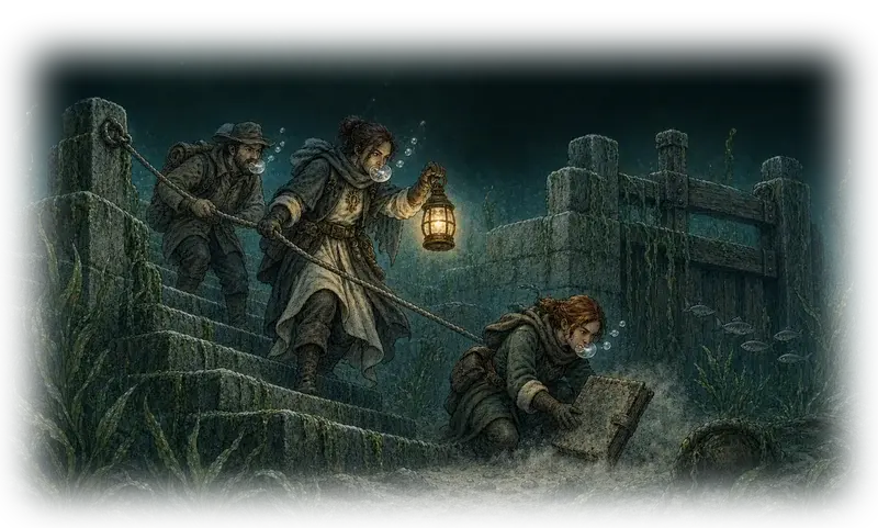 A Drowned Domain cleric and a lantern-lit crew descend flooded steps to retrieve a submerged ledger.
