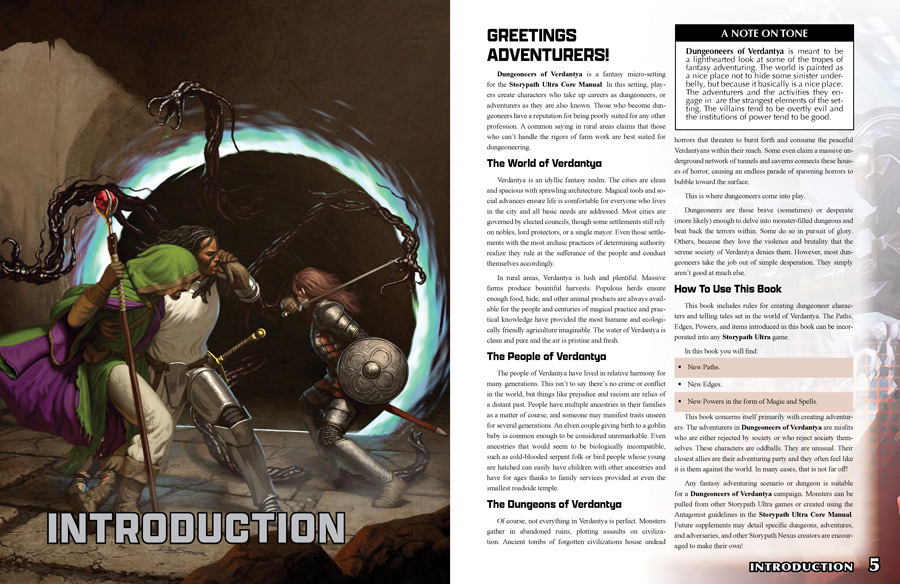 An interior two page spread from the inside of Dungeoneers of Verdantya