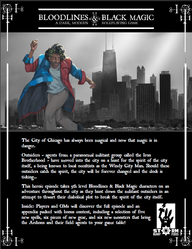 This image depicts the back page of the adventure. It shows the Windy City Man dancing in front of the Chicago skyline.