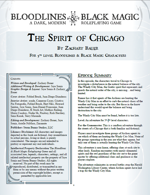 This image depicts the Table of Contents and credits for the Spirit of Chicago adventure
